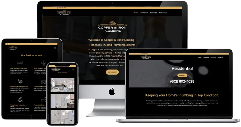 Copper & Iron Plumbing website shown on desktop, laptop, tablet and phone